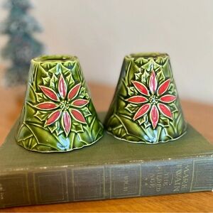 Enesco Green and Red Poinsettia Ceramic Taper Candle Holders